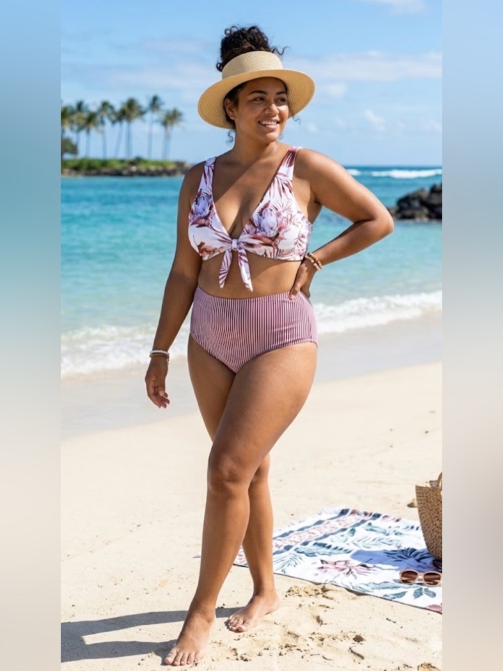 SHEIN Tropical Floral & Striped High-Waisted Bikini Set
